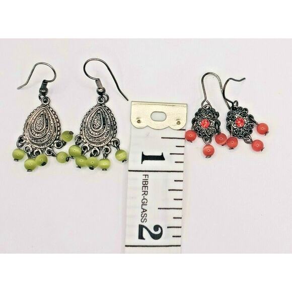 🟠🟢 Ombre Beaded Chandelier Earrings 💚🧡 Retro Spring Dangle 2Pr - Picture 7 of 9